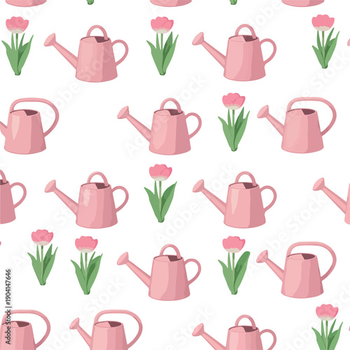Wallpaper Mural Seamless Pink Tulip And Watering Can Pattern Vector Flat Design Torontodigital.ca