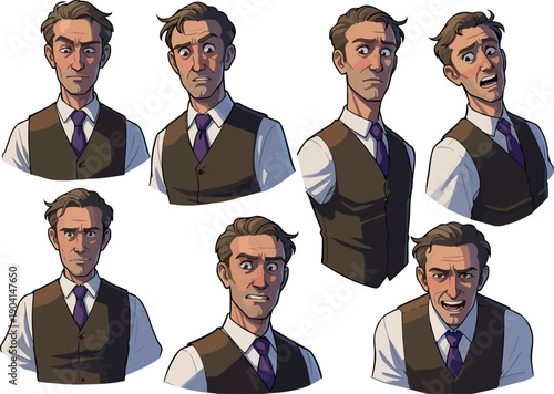 Pixel Art Man Expressions Vest Shirt Tie Emotions Set White Background