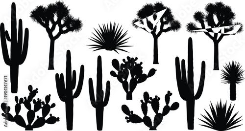 WebBlack vector silhouette set of desert cacti and Joshua trees for concepts of nature outdoors wilderness southwest landscape and branding