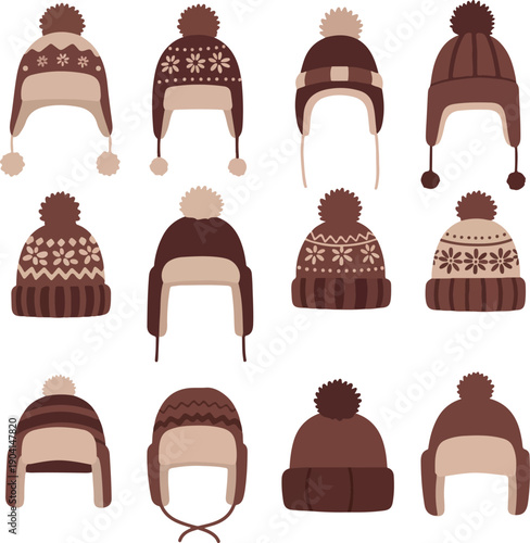 Set Winter Beanies Warm Hats Collection Flat Icons