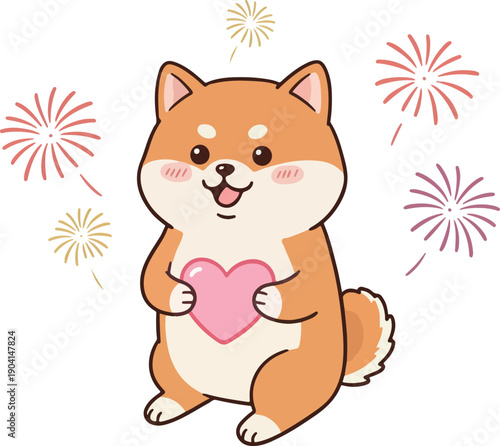 Wallpaper Mural Shiba Inu Dog Holding Heart Pink with Fireworks Celebration Torontodigital.ca