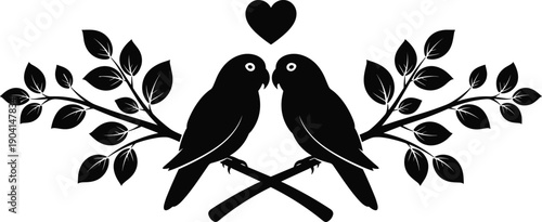 Romantic bird couple silhouette with heart symbol and leafy branches, elegant black nature illustration for valentine, wedding, love, and decorative design themes
