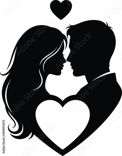 Romantic black silhouette of loving couple facing each other with heart symbols, elegant love illustration design for wedding, valentine, and relationship themes