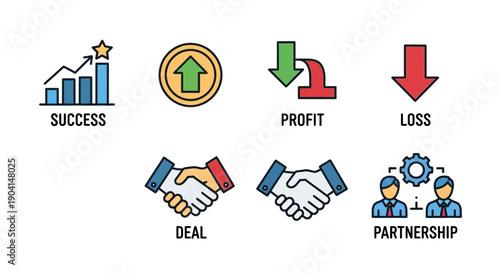 Business icons for success profit loss deal partnership