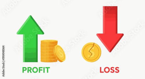 Profit and loss concept with coins and arrows