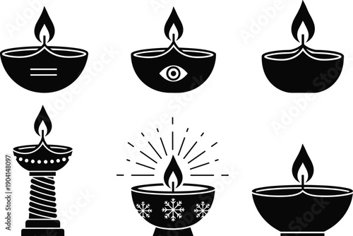 Traditional Diya Oil Lamp Silhouette Icons Set for Diwali and Cultural Festivals Showing Spiritual Light, Ritual Symbolism, and Decorative Sacred Design