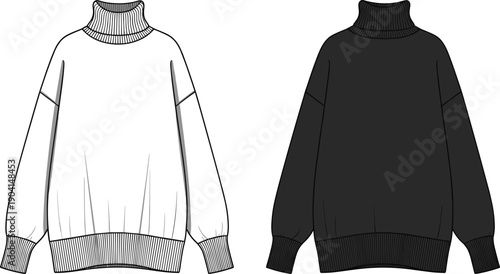 Turtleneck sweater vector illustration, front and back view apparel design, ribbed collar cuffs hem fashion garment template, oversized clothing mockup drawing
