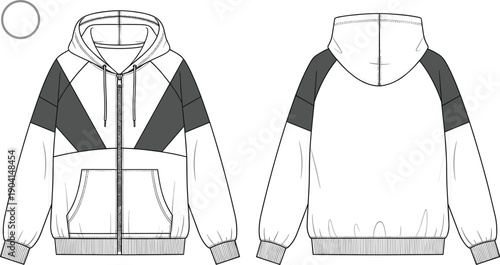 Technical fashion vector illustration of hooded zip-up jacket front and back view, modern color-block design, apparel construction, garment manufacturing, clothing template