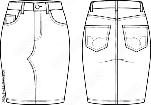 Women’s fashion technical vector illustration of denim pencil skirt front and back view, waistband with belt loops, button closure, patch pockets, fitted silhouette, topstitching details