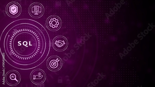SQL database concept with interconnected digital representing data security, AI, finance, and business processes on a dark purple technological background with subtle grid pattern and glowing