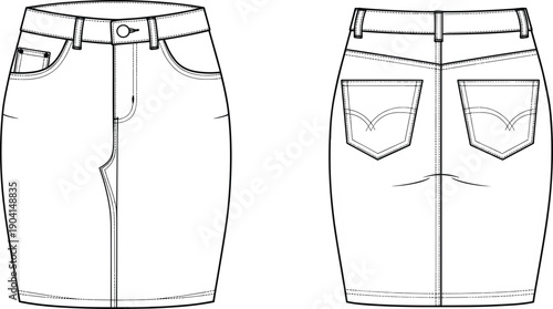 Women’s fashion technical vector illustration of denim skirt front and back view, waistband with belt loops, button closure, zipper fly, five-pocket styling, patch pockets, yoke detail