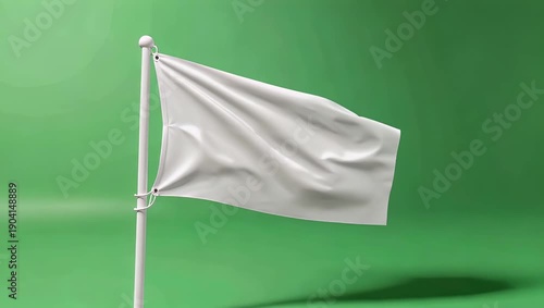 Smooth flowing white flag billowing freely against a vibrant chroma background highlighting soft fabric folds and ample negative space