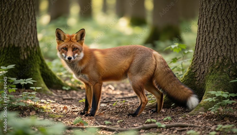 Naklejka premium Vivid Red Fox in Forest: A stunning portrait of a red fox, its fiery fur gleaming under dappled sunlight, stands amidst the dense woods.