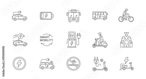 Set of electric vehicle outline icons showing smart mobility with cars buses scooters and charging stations on white background