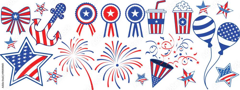 Obraz premium Patriotic 4th of July Vector Design Set – Stars, Fireworks, Balloons and American Flag Elements