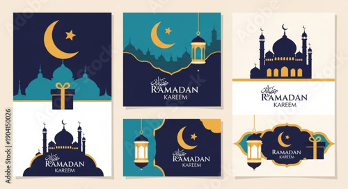 Ramadan Kareem Islamic greeting cards with mosque and crescent moon.