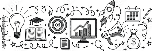 Monochrome education and business growth doodle set featuring graduation cap rocket graph and money bag icons