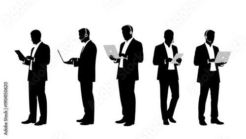 Business professionals using devices with headsets vector illustration