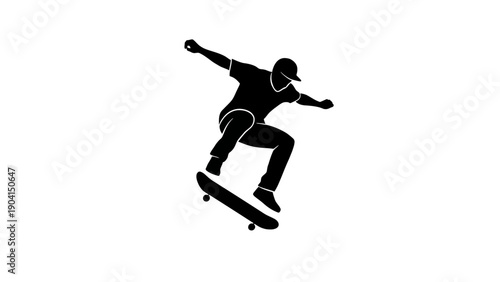 Skateboarder performing trick in mid-air, dynamic silhouette, flat design vector illustration