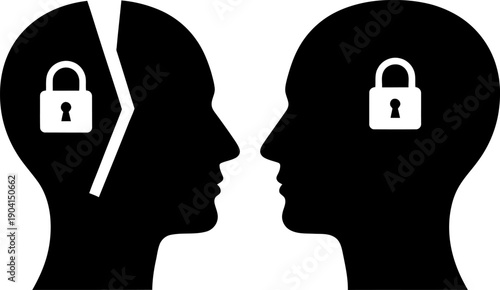 Two silhouetted heads with locked padlocks symbolizing secure communication. Vector