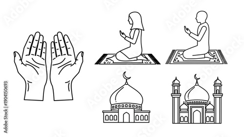 Black line icon set of Islamic prayer symbols including hands raised in dua, person praying, prayer mat, mosque dome, and mosque with minarets