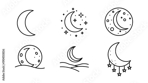 Black line icon set of crescent moons and stars with various styles, minimal outline illustrations