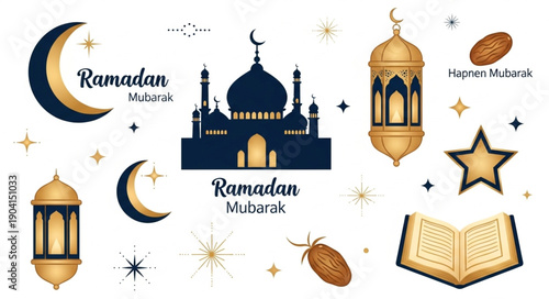 Ramadan Kareem Islamic Holiday Elements Collection.