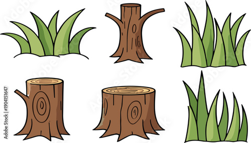 Cartoon tree stumps and grass tufts collection forest nature vector illustration set