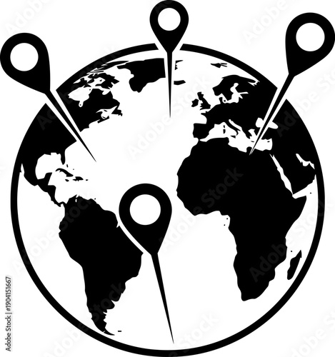 A black and white illustration of a globe with four location pins Vector