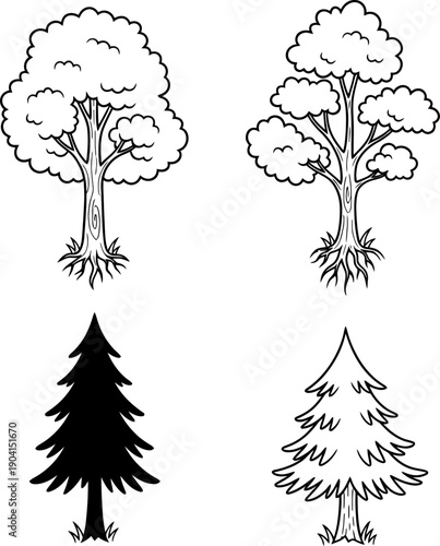 Four distinct trees illustrated with unique shapes and root systems. Vector