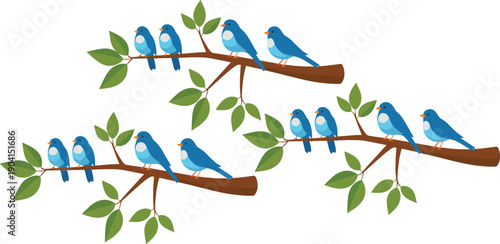Cute blue birds sitting on tree branches with green leaves cartoon vector illustration set
