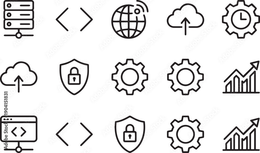 Fototapeta premium Minimalist Technology and Web Development Line Icon Set Isolated on White Background