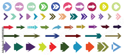 Vector collection of colored arrows. Colorful arrow symbols. Set of flat vector arrows.  Arrows set vector illustration. Colorful arrow symbols.