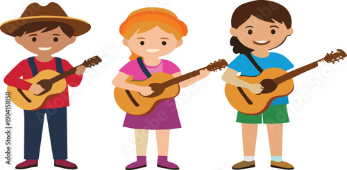 Cute cartoon children playing acoustic guitars happy kids music performance vector illustration set