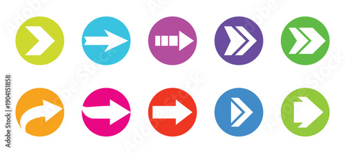 Vector collection of colored arrows. Colorful arrow symbols. Set of flat vector arrows.  Arrows set vector illustration. Colorful arrow symbols.