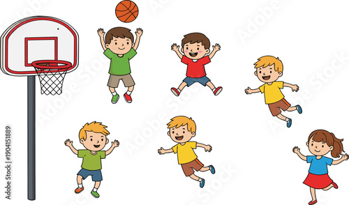 Cute cartoon children playing basketball together happy kids sports activity vector illustration scene