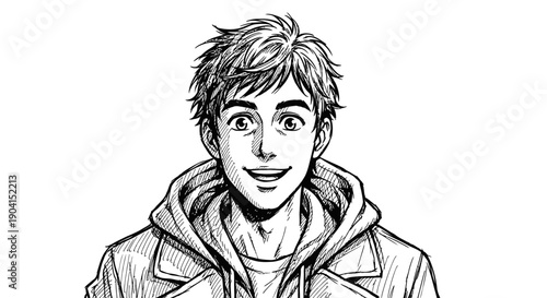 A black and white sketch of a young man with tousled hair and a wide smile, wearing a hooded jacket.