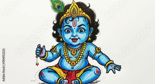 Adorable cartoon illustration of baby Krishna with blue skin, wearing a crown and jewelry, sitting happily with a sweet in hand.