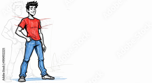A young man in a red t-shirt and blue jeans stands confidently with his hand in his pocket, with faint outlines of his previous poses behind him.