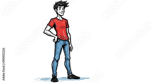 A cartoon illustration of a young man with spiky hair wearing a red t-shirt and blue jeans, standing confidently with one hand on his hip.