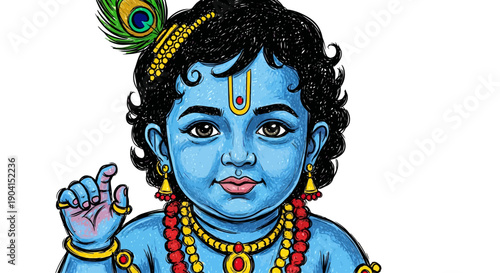 A vibrant illustration of baby Krishna with blue skin, adorned with jewelry and a peacock feather in his curly black hair.