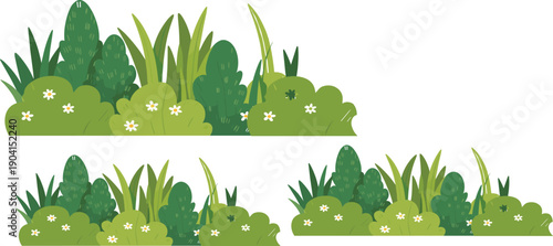 Green cartoon bushes and grass border collection with flowers decorative nature foliage vector illustration set