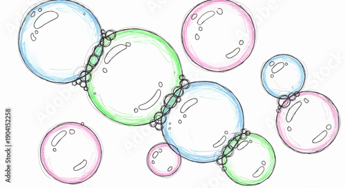 An illustration of multiple translucent bubbles, some connected in a chain, with light blue, green, and pink shading on a white background.