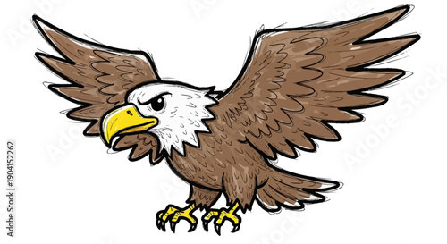 A cartoon drawing of a bald eagle with its wings spread wide, appearing to be in flight or landing.