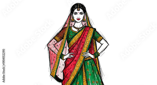 Fashion illustration of a woman in a traditional Indian bridal lehenga with intricate embroidery and jewelry.
