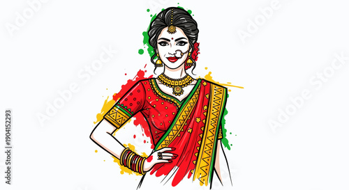 A beautiful Indian woman dressed in a traditional red and gold saree, adorned with jewelry, and a colorful splash of paint behind her.