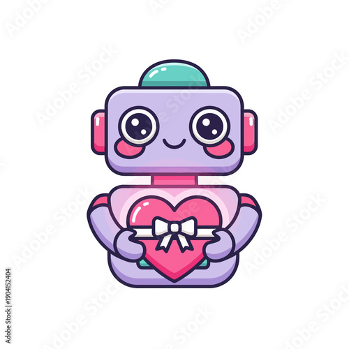 Cute cartoon robot holding heart.