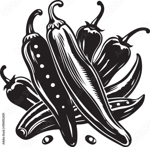 Print Spicy Chili Peppers Illustration: Hot Food Ingredient, Mexican Cuisine, Black and White