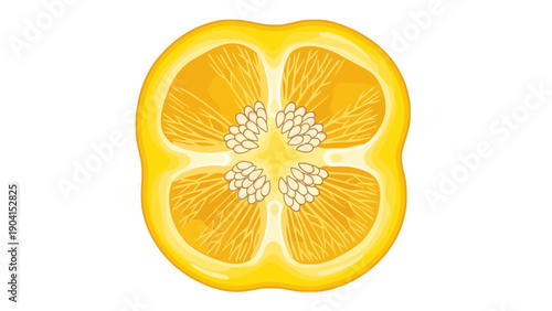 Crosssection illustration of a yellow bell pepper showing seeds and internal chambers