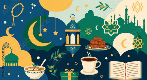 Ramadan Kareem Islamic celebration elements and symbols.